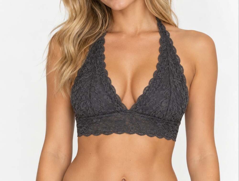 Gilly Hicks Sydney Charcoal Grey Floral Lace Halter Bralette Scalloped V-Neck